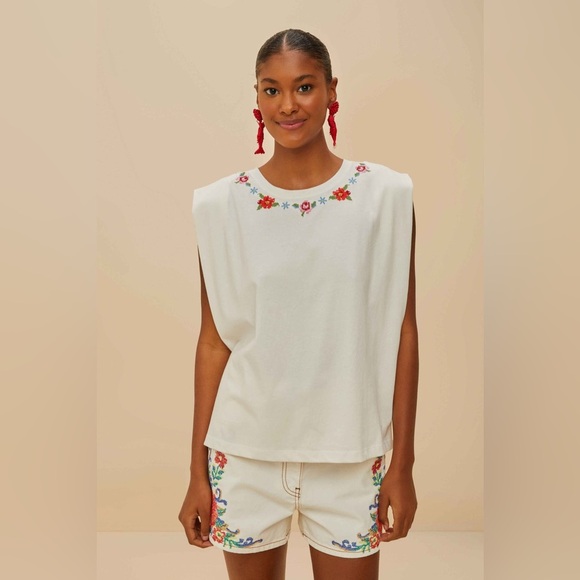 FARM Rio Tops - Farm Rio: Off-White Cross Stitch Flowers Organic Cotton T-Shirt